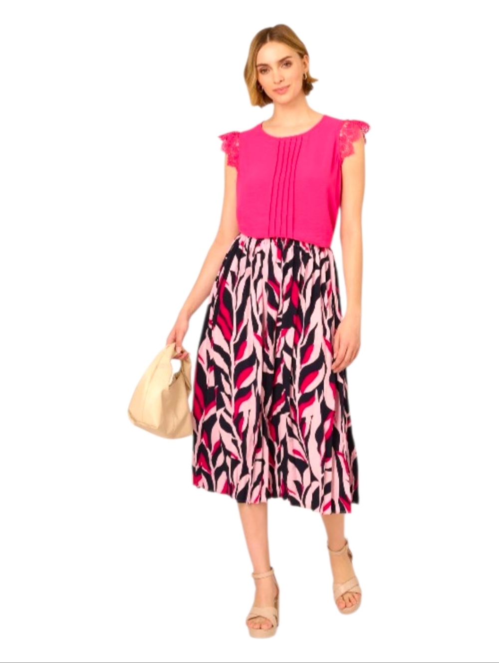 New WithoAdrianna Papell A-Line Midi Skirt Micro Pleat Size Large Navy Leaf Vine